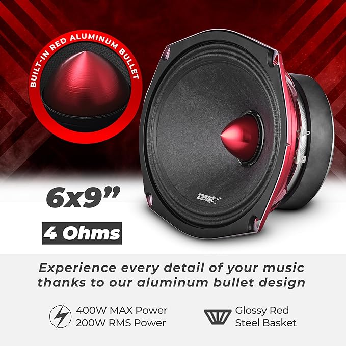 DS18 PRO-X694 BM Loudspeaker - 6x9, Midrange, Red Aluminum Bullet, 400W Max, 200W RMS