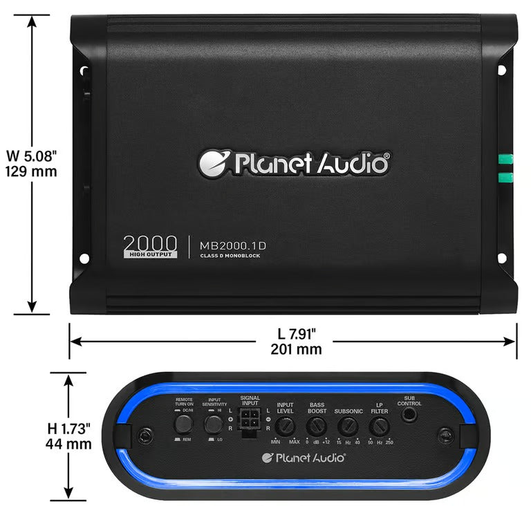 Planet Audio MB2000.1D Mini Bang Series Car Audio Amplifier - 2000 High Output, Class D, Monoblock, 1 Ohm Stable, Mosfet Power, Low Level Inputs, Low Pass Crossover, Hook Up To Stereo and Subwoofer