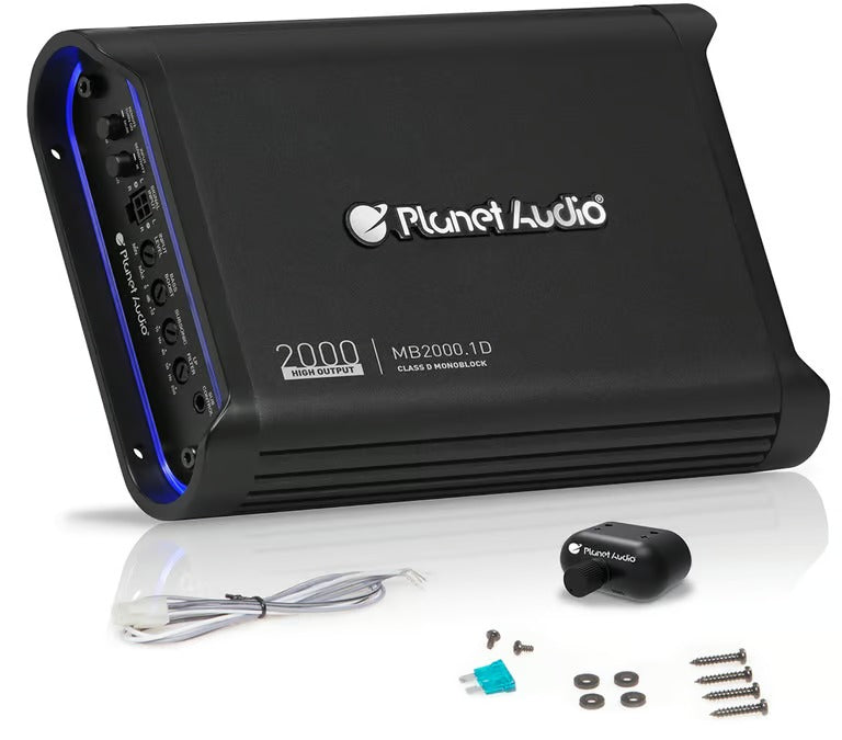 Planet Audio MB2000.1D Mini Bang Series Car Audio Amplifier - 2000 High Output, Class D, Monoblock, 1 Ohm Stable, Mosfet Power, Low Level Inputs, Low Pass Crossover, Hook Up To Stereo and Subwoofer