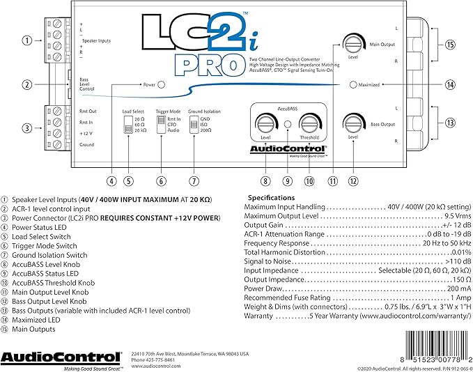 AudioControl LC2i PRO 2-Channel Line Output Converter with Wireless Qi Universal Phone Charger Kit. Impedance Matching, AccuBASS, GTO, Audio Signal Sense, 12V Turn-On and ACR-1 Dash Remote Sub Control